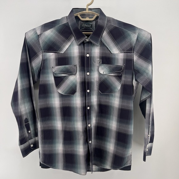 7 Diamond Shirt Mens Large Blue Green Plaid Button Up XXL Cotton Long Sleeve - Picture 2 of 13